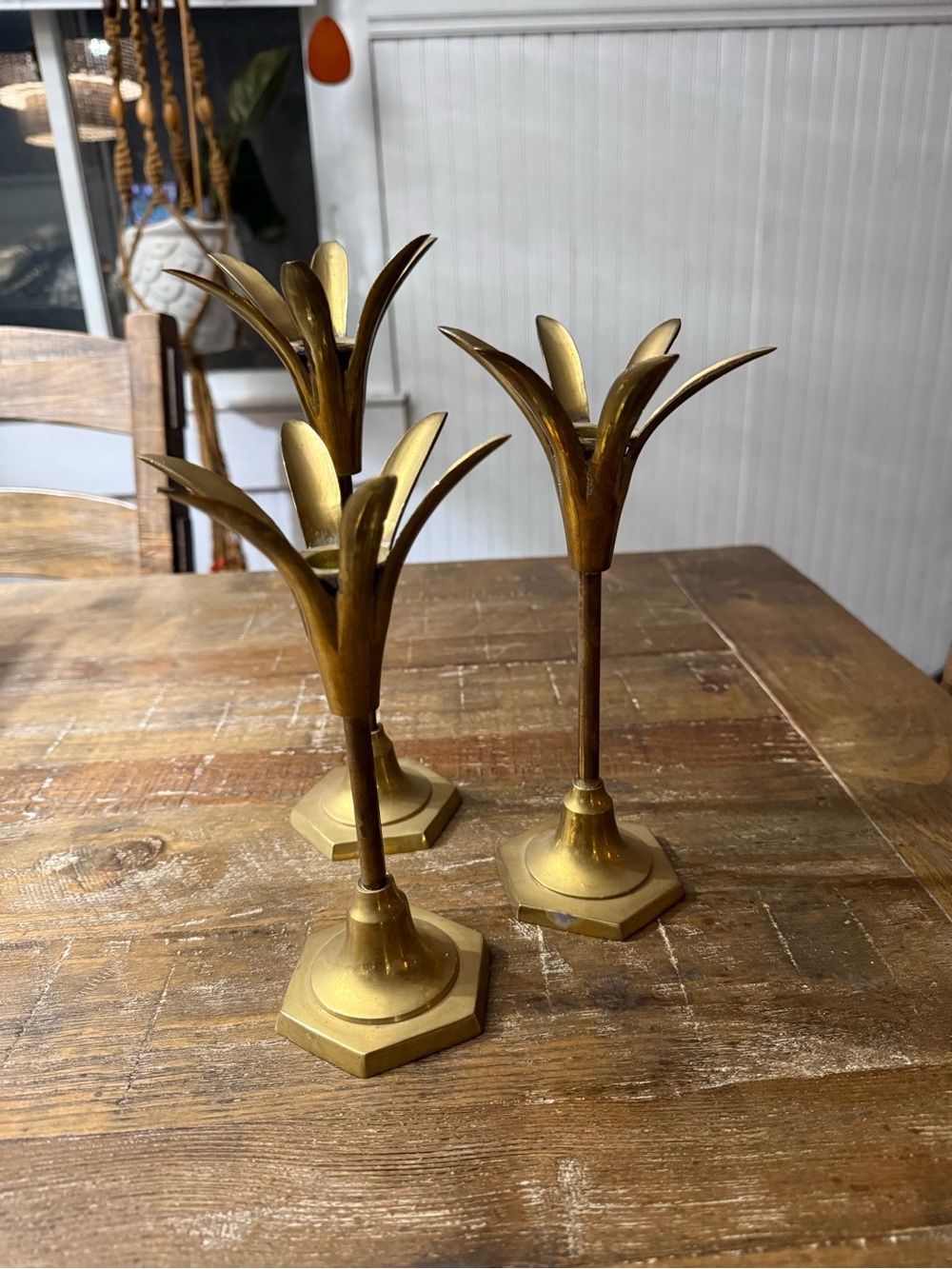 Enesco Brass Lotus/ Tulip/Palm Leaf Candle Holders Trio. Made in India